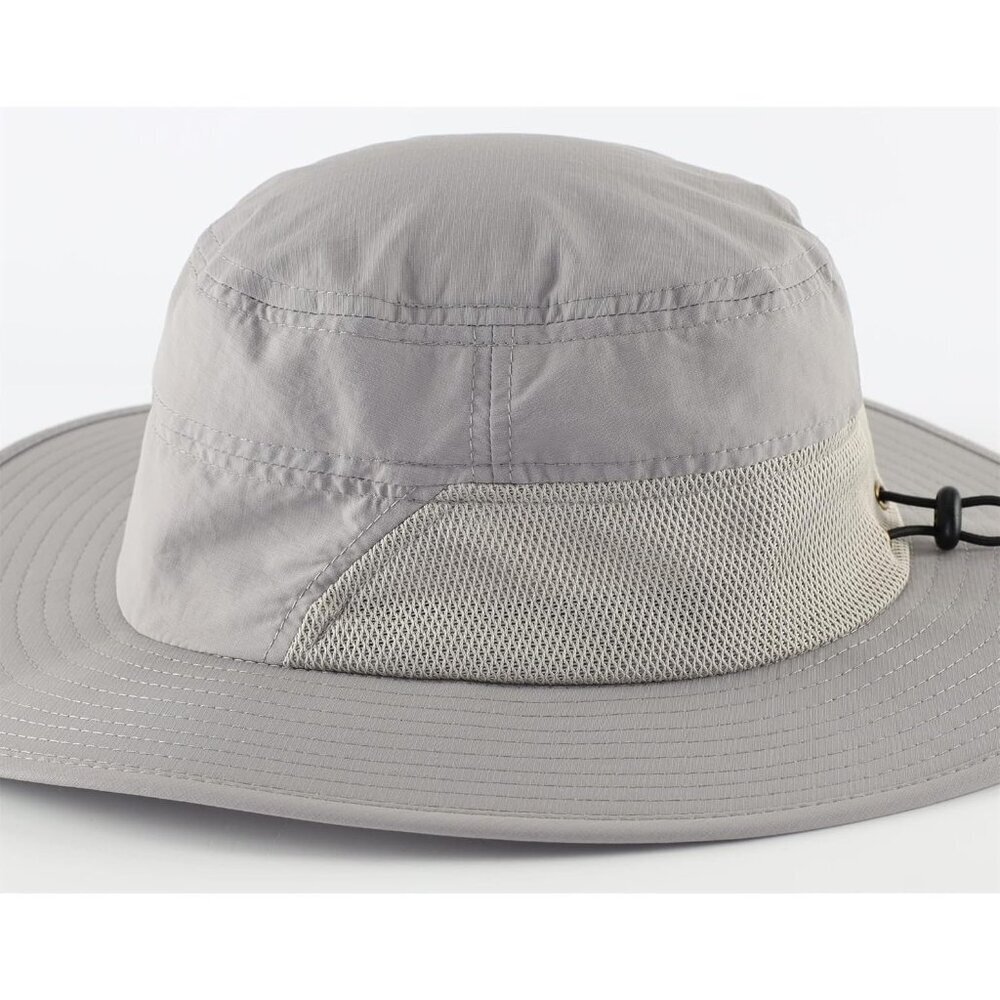 Unisex Light Grey 100%Polyester Wide Brim Mesh Chin Strap Classic Hiking Sun Hat - Picture 3 of 7